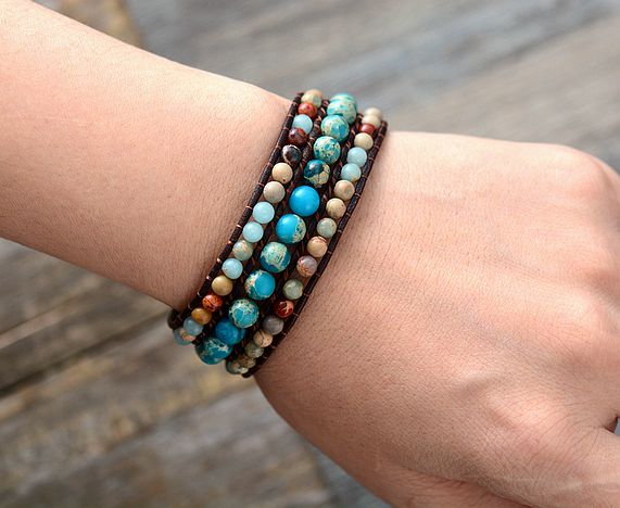 Unique Japser Leather Wrap Bracelets