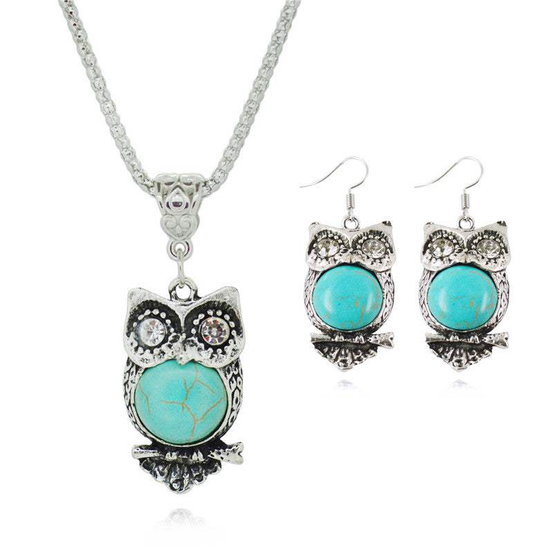 Owl Natural Stone Drop Pendant Jewelry Sets