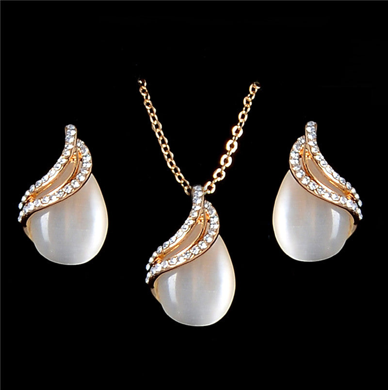 Cat Eye Pearl Rhinestones Jewelry Set