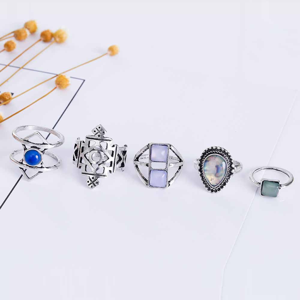 Silver and Stone Boho Ring Set